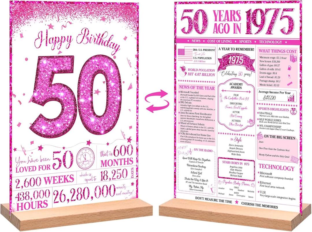 50th Birthday Party Decorations for Women, Sweet Pink Glitter in 1975 Birthday Decor Poster Acrylic Table Sign, 50th Birthday Party Supplies, Double-Sided