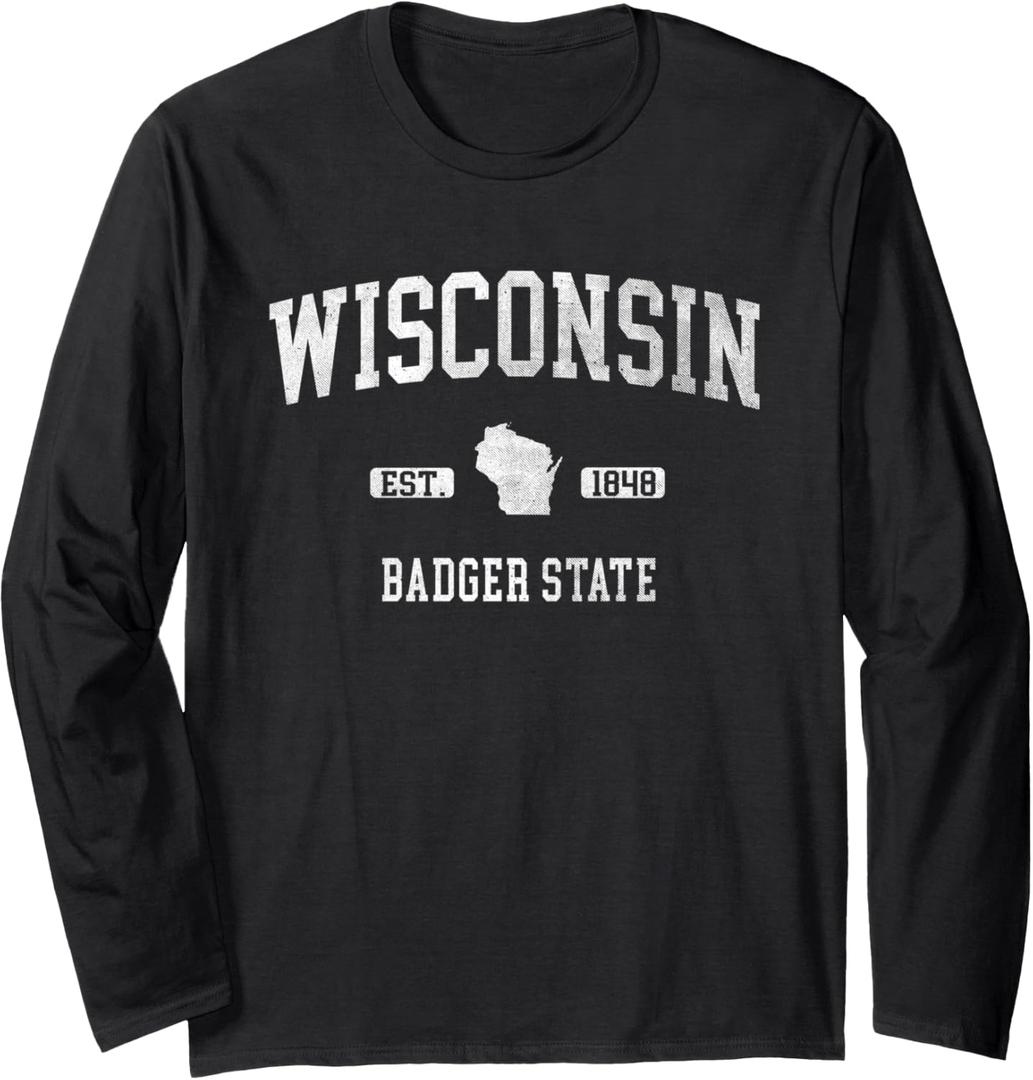 Retro WI Varsity Style Wisconsin Badger State Long Sleeve T-Shirt (Small, Black)