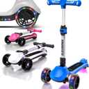 ELECOSMOS Kids Electric Scooter for Age 4-9, Light Up 3-Wheeled Scooter with Big LED Wheels, Wide Flashing Deck, Adjustable Height (Blue)