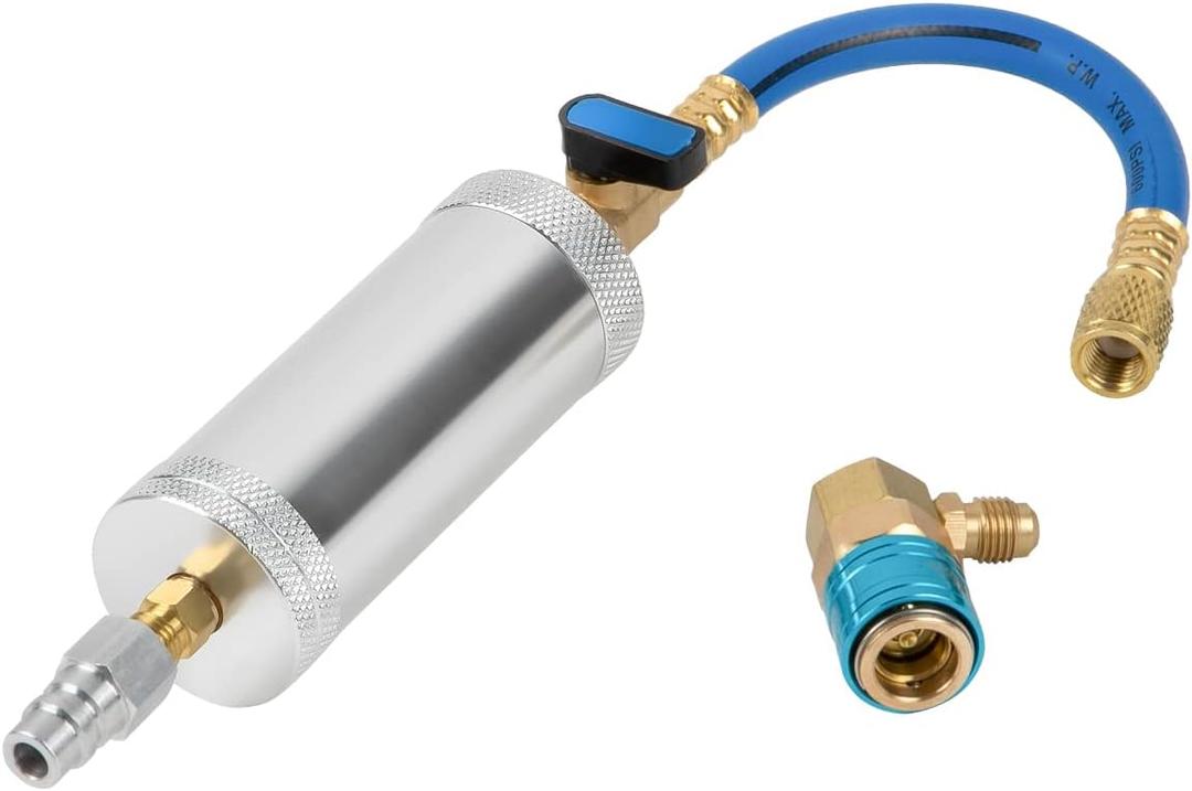 AC Oil Injector Tool R134A R410A R22 R12 Refrigerant Compressor Oil Dye Injector 2Oz AC Dye Kit Well-sealed AC Oil Injector Kit Fast AC Recharge Kit with 1/4" SAE Thread&R134a Quick Coupler HVAC Tools