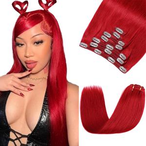 Red Clip in Hair Extensions Real Human Hair - 24 Inch Bright Red Real Remy Human Hair,120g 7pcs, Burgundy Straight Clip ins for Women