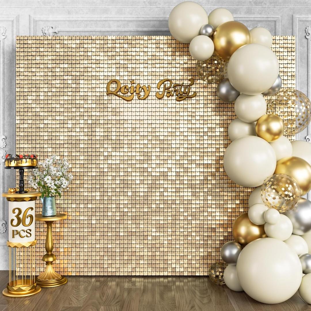 Qcity Champagne Gold Shimmer Wall Backdrop 36PCS, Black Back Not See-Through Design, Square Sequin Glitter Backdrop Panel, Perfect for Outdoor Events, Birthdays, Wedding and Party Decoration
