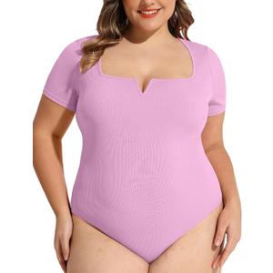 FOREYOND Plus Size Bodysuits for Women Short Sleeves Square Neck Body Suit Tops Casual Basic Slim Fit Shirts Leotards (Purple) 4XL
