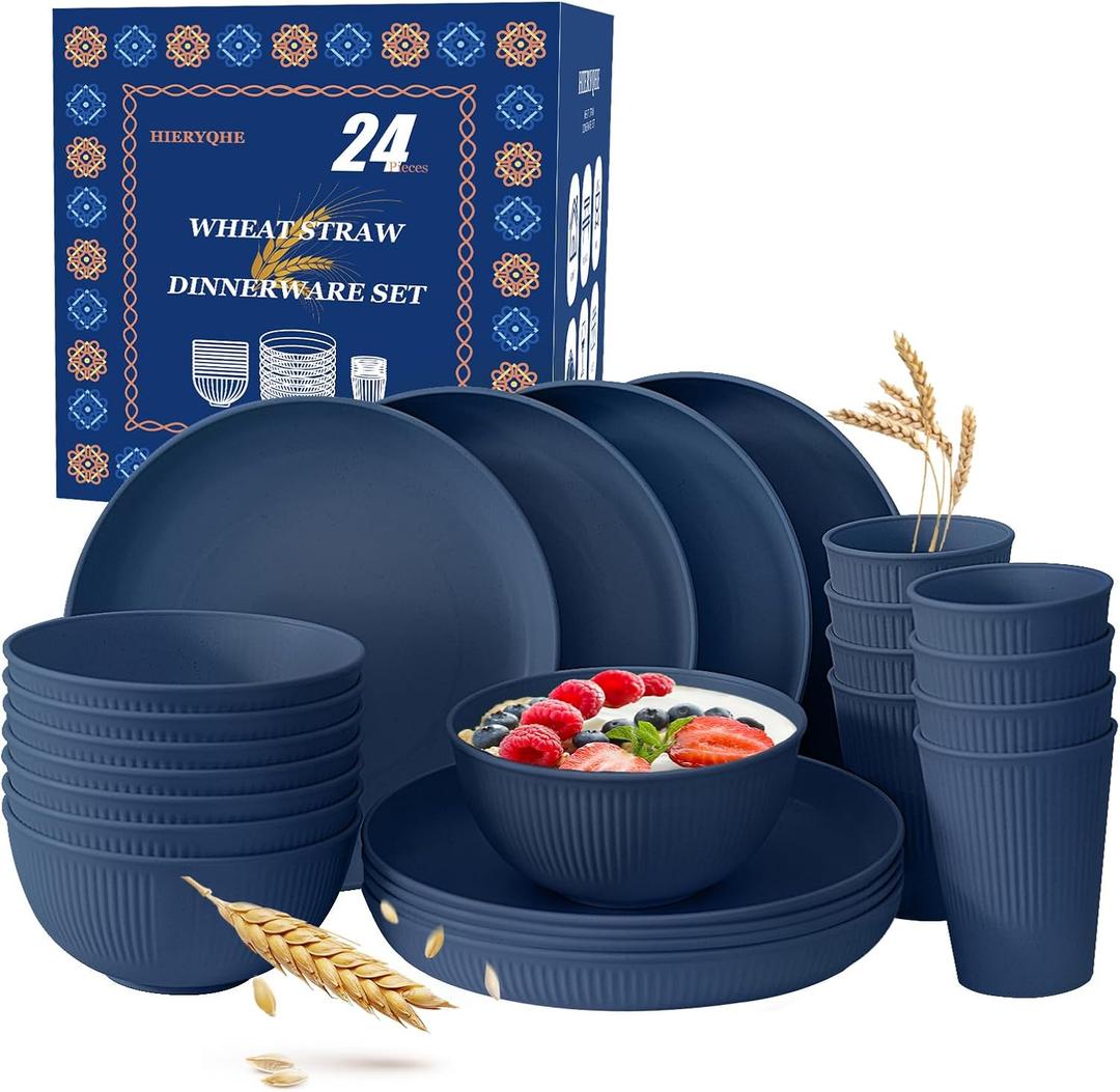 24pcs Wheat Straw Dinnerware Sets For 8, Unbreakable Plates and Bowls Wheat Straw Dinnerware Microwavable Cups Plates and Bowls Sets Shatterproof For Outdoor Kitchen Camping (Dark Blue)