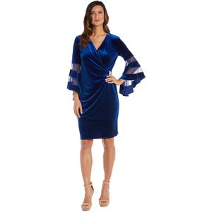 R&M Richards Knee Length Wrap Velvet Dress W/Sheer Trim Angel Sleeve (16)