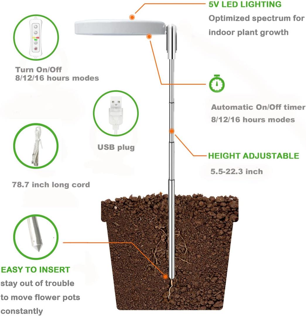 Plant Grow Light,Yadoker LED Growing Light Full Spectrum for Indoor Plants,Height Adjustable, Automatic Timer, 5V Low Safe Voltage,Idea for Small Plant Light (1 Pack, Warm White)