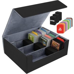 AOBOPLE Trading Card Storage Box,1800+ Card Box Storage with 24 Dividers and 3 Foam Supporters PU Leather Magnetic Cards Deck Case for MTG,TCG, Magic and Sport Cards,Great Gift for Card Collectors (1800+Black Grey)