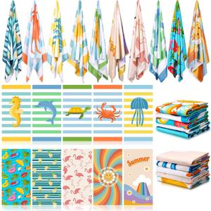 Buryeah 10 Pcs Beach Towels 30 x 60 Inch Quick Dry Absorbent Beach Blanket Seahorse Dolphin Turtle Crab Jellyfish Flamingo Pineapple Sunflower Towel for Sports Pool Picnic Camping Travel Swim