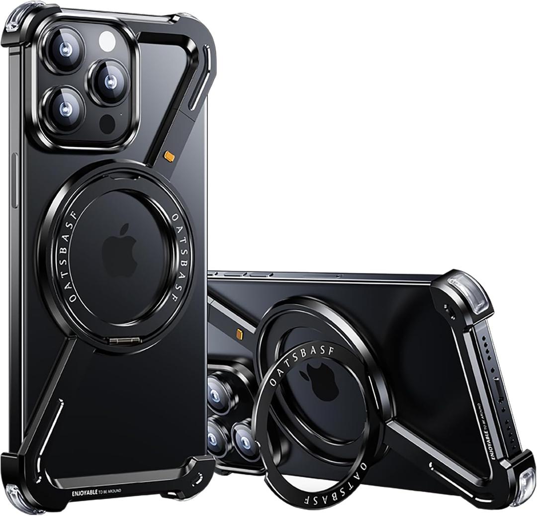 OATSBASF Minimalist Phone Case Compatible with iPhone 14 Pro 6.1", 360 Rotation Kickstand Aluminum Metal Frameless Design Bumper Z Case, Protective Shock Grade Shell, Black