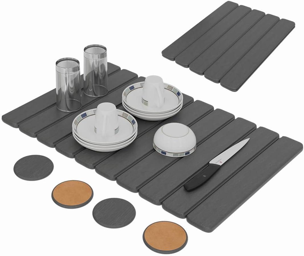 Stone Dish Drying Mat For Kitchen Counter - Fast-Drying 24"(L)16"(W) Collapsable Diatomaceous Mat With Four Matching Stone Coasters - Versatile Stone Drying Mat for Cups, Dishes, Bottles