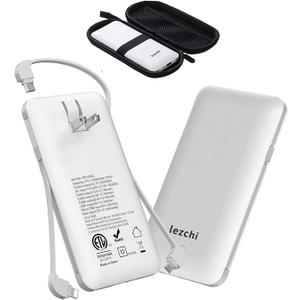 Portable Power Bank, Ultra Slim 10000mAh Portable Charger, USB C External Battery Pack with Built-in AC Plug, Charging Cable, Output Port, Compatible with All Kinds of Cellphones  (White)