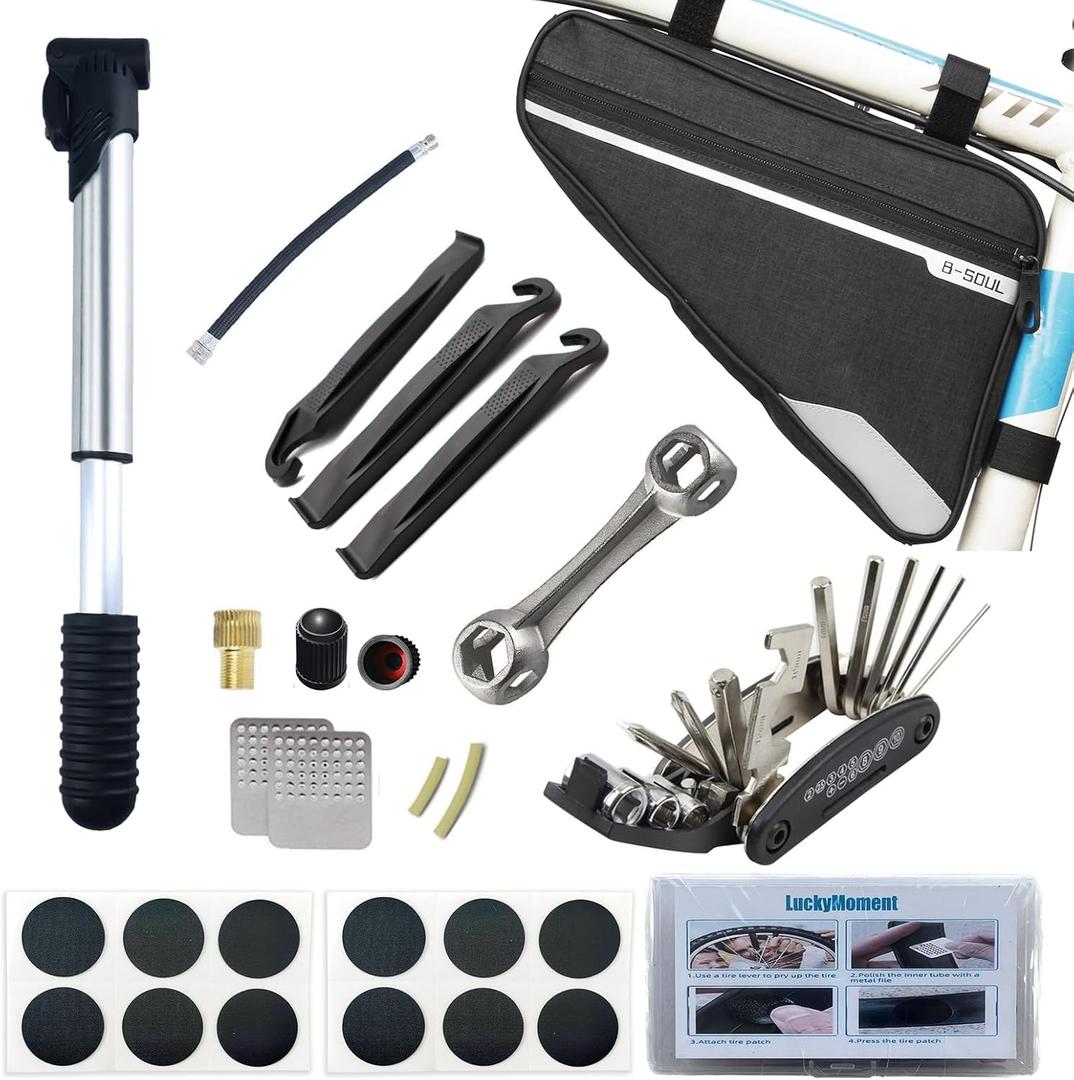Bike Repair Kit,Mini Bicycle Pump, Bike Tire Repair Tool Kit Contains 16-in-1 Tool, Water-Resistant Bike Triangle Pouch, Used for Mountain Bike and Road Bike.