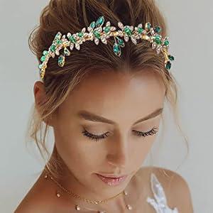JEAIRTS Green Rhinestone Headband Gold Leaf Wedding Headpiece Bridal Crystal Hair Pieces Beaded Hair Hoop Glitter Bride Hair Accessories for Women and Girls