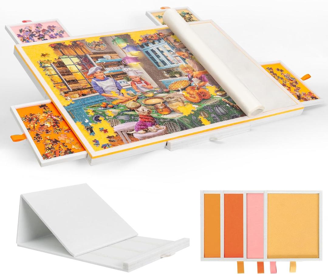 Tektalk Jigsaw Puzzle Table with Integrated Adjustable Stand/Bracket, 3-Tilting-Angle Super Lightweight Felt Puzzle Plateau Board with Cover & 4 Sorting Drawers, for Up to 1000 Pieces - Orange, 29.9 X 20.1 Inches