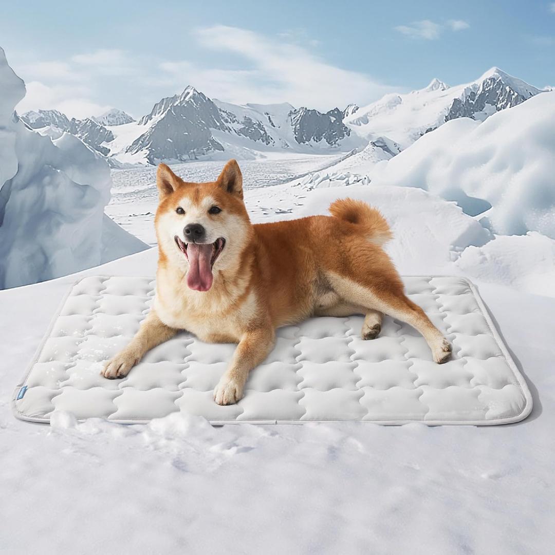 Bedsure Cooling Mat for Large Dogs, Q-Max>0.5 Thin Breathable Cold Crate Pad for Pet, Portable Washable Kennel Bed for Summer Active Dog with Chill Cool Soothing Fabric to Rapid Cooling, 35x23, Grey
