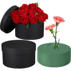 Nuenen Round Gift Box with Lid & Floral Foam Set, Black, 2 pcs, Gift Boxes for Flowers for Mother's Day Bridesmaid Wedding Baby Showers