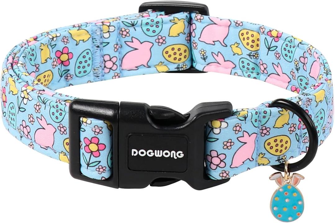 DOGWONG Easter Dog Collar-Cute Blue Easter Bunny Dog Collar, Easter Egg &Rabbit Pet Collars Puppy Collar Gifts with Quick Release Buckle for Girl&Boy Dogs,L