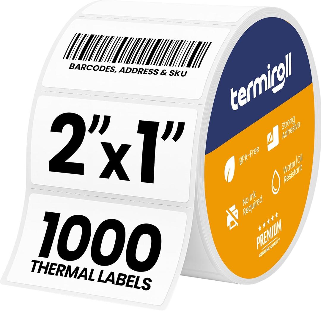 2x1 Thermal Labels  1000 Barcode & Address Labels/Roll for Shipping, SKU & Inventory Stickers, Compatible with Rollo, Zebra, Munbyn, iDPRT & Direct Thermal Printers (White)