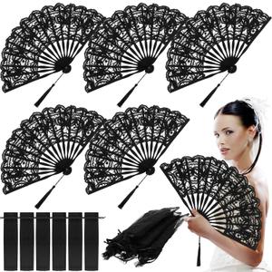 6 Pcs Lace Folding Handheld Fan for Wedding Cotton Embroidered Bridal Hand Fan with Bamboo Staves and Silk Tassels Vintage Retro for Guests Women Wedding Bridal Shower Party Favors (Black)