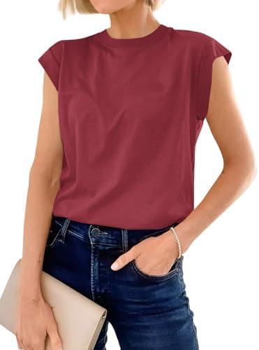 Cicy Bell Womens Cap Sleeve Cotton Tank Tops Summer Casual Loose Fit T Shirts Crew Neck Basic Tee, Size: M