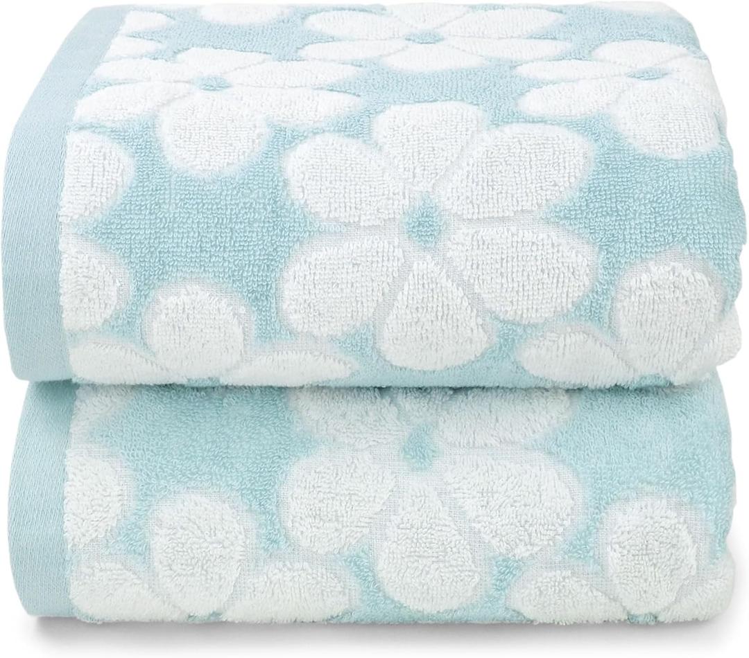 Cotton Towels for Bathroom Decor with Floral Jacquard, Super Soft and Absorbent Bath Towel Set of 2, Large Size 27.5x55 Inches (Aqua Blue)