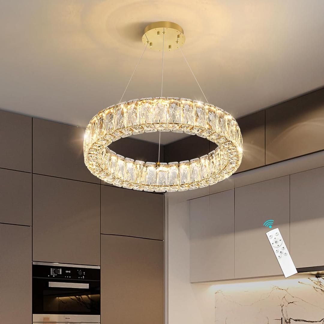 HAIXIANG Modern Crystal Chandelier Dimmable LED 16 Inch Ring Pendant Lights Adjustable Glam Chandeliers Lighting Fixtures for Dining Room Living Room Bedroom Gold Light