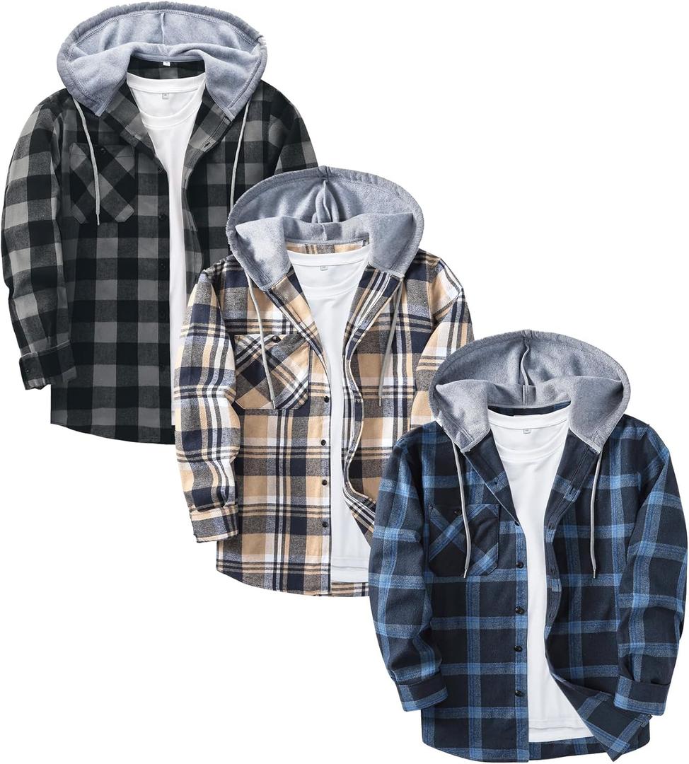 ZITY 3 Pack Men's Flannel Hoodie Shirts Long Sleeve Casual Vintage Button Down Plaid Shirt Jacket with Pocket (Large, Deepbluebeige Navy White)
