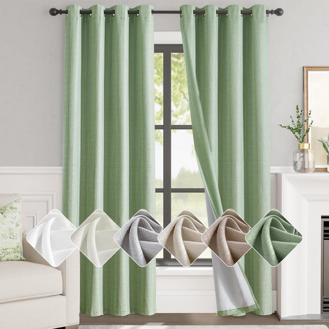 jinchan 100% Blackout Curtains for Bedroom Living Room Linen Blackout Curtains 96 Inch Long Room Darkening Curtains Linen Textured Drapes 52" W 2 Panels Window Curtains Grommet Top Heathered Green