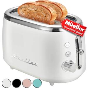 MELLERHOME Retro Toaster 2 Slice, 7 Browning Levels, 3 Functions (Reheat, Defrost, Cancel), Stainless Steel Features, Removable Crumb Tray, Under Base Cord Storage, White Toaster Kitchen Appliances