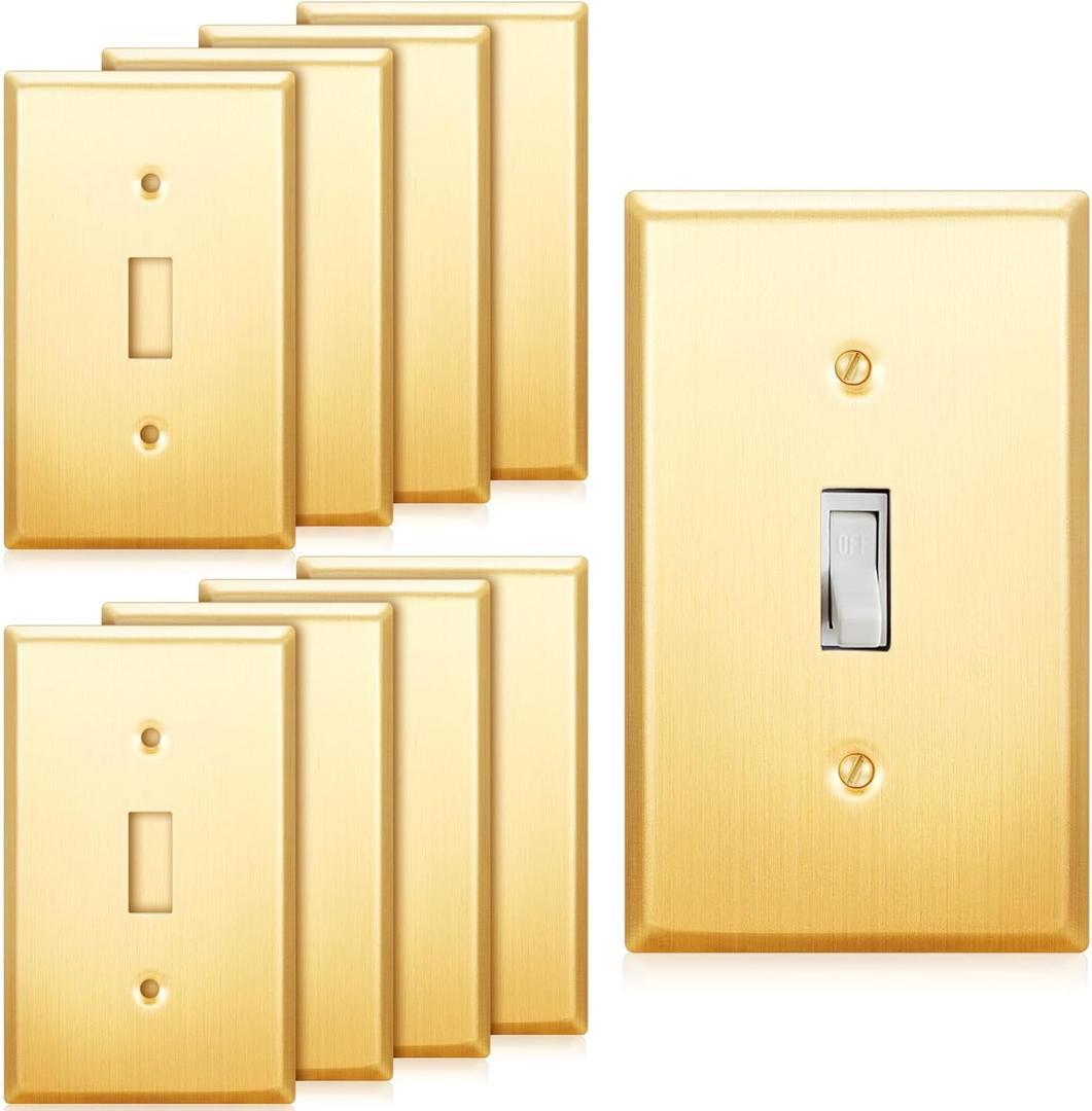 Zonon 8 Pack Gold Outlet Covers 4.50" x 2.76" Toggle Light Switch Covers Brass Metal Brushed Decorative Gold Receptacle Wallplate Corrosion Resistant,Standard Size,Brushed Brass