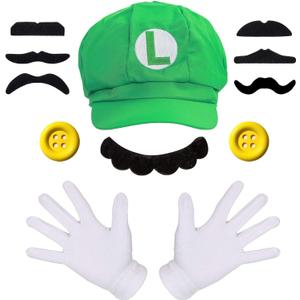Humairc Super Bros Hats Accessories Set Mary Luigy Caps, Mustaches, Suspenders, Gloves Buttons Halloween Cosplay Costume (Green)