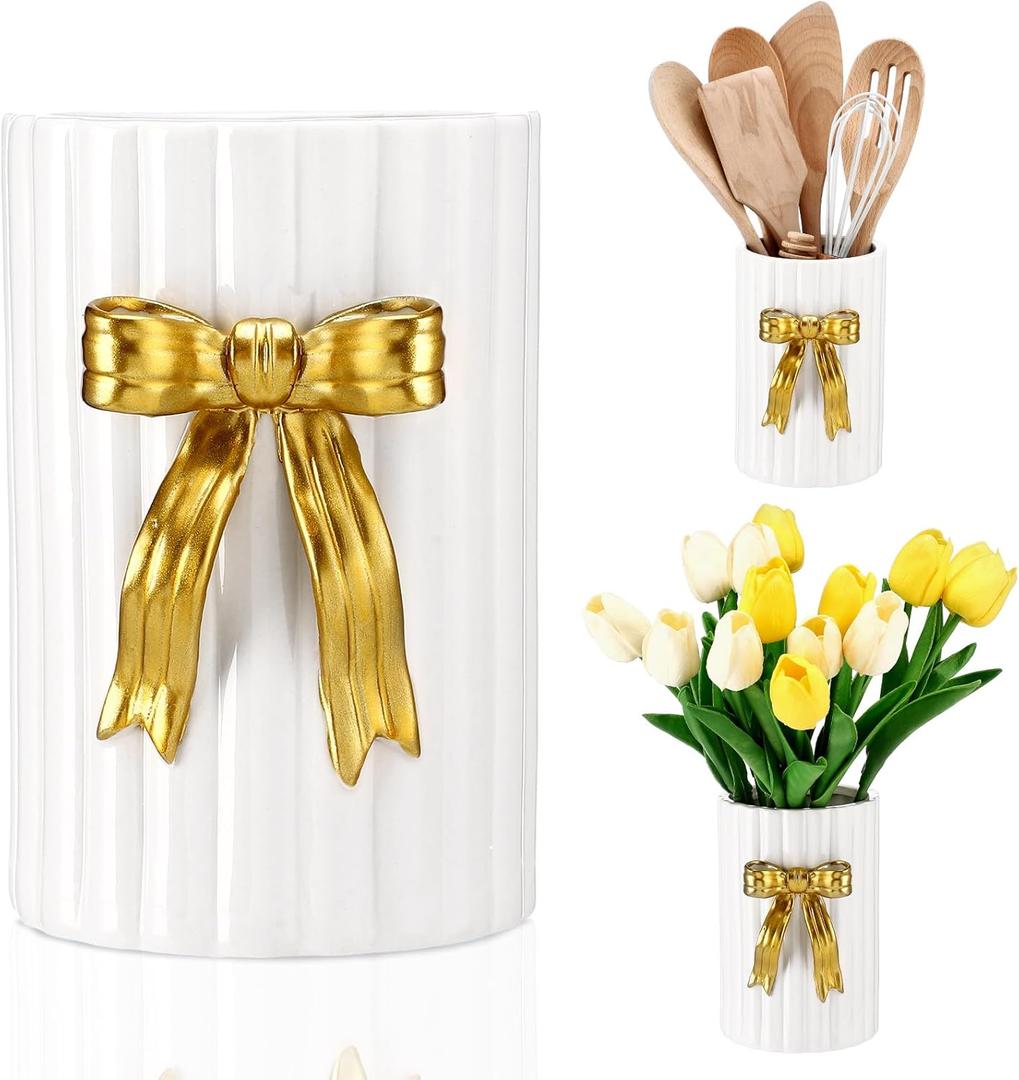 LemonRoad Ceramic Utensil Holder Kitchen Handmade Gold Bow 3D Cooking Utensil Crock with Scalloped Edge Design Vintage Retro Storage Caddy Organizer Vase Decor for Kitchen Accessories Countertop Gift