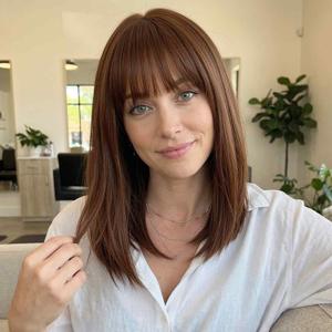 16 Inch Dark Brown Human Hair Wig, Human Hair Wig With Bangs, Real Hair Wigs For Women, real human hair wigs