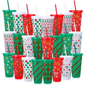 Ovveroche 24 Pcs Christmas Plastic Cups with Lids and Straws, 24 OZ Reusable Drinking Cups for Christmas Party Supplies Birthday Gift Juice Coffee Cold Drinks