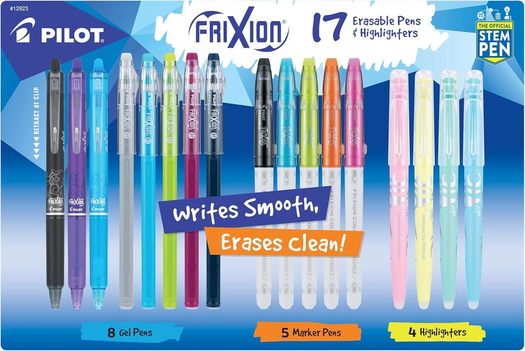 Pilot, FriXion Assorted Erasable Gel Ink Pens, Marker Pens & Highlighters, Pack of 17, Assorted Colors