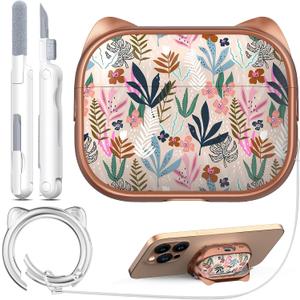 2 x RFUNGUANGO AirPods Pro Case for Women Girly Cat Case with Lock, Phone Stand, Keychain & Cleaner Kit, Compatible with Apple Airpods Pro 2nd/1st Generation Case Cover, Rose Gold Leaf