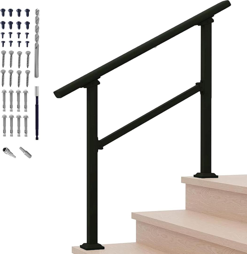 Hand Rails for Outdoor Steps,Mety Step Stair Handrail & Indoor Stair Railing KitMetty Metal Railings for Outdoor Steps and Hand Rails for Seniors for Porch Railing (2, Black, 2 Step)