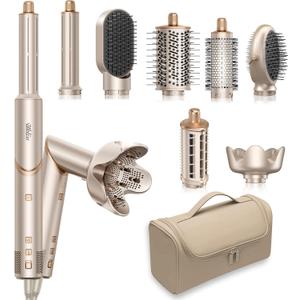 Ukliss 8 in 1 Hair Dryer Brush & Multi Hot Air StylerFoldable 110,000 RPM Blow Dryer Brush Tool Set with Diffuser Auto-Wrap Curler for Fast Drying Curling Straightening Hair Daily Styling (1.25'' With Storage Bag)