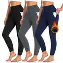 3 Pack Fleece Lined Leggings Women with Pockets -Warm Winter Yoga Pants for Women Thermal Running Workout Leggings Black/Grey/Navy XL