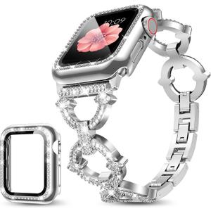 Compatible with Apple Watch Band 38mm 40mm 41mm 42mm 44mm 45mm 46mm, Women Bling Jewelry Bands with Tempered Glass Screen Protector Case, Shiny Strap for iWatch Series 11/10/9/8/7/6/5/4/3/2/1/SE