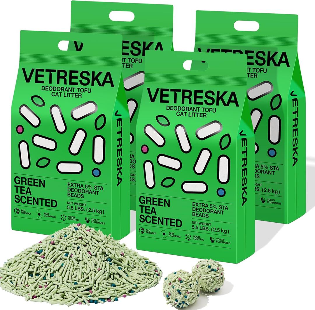 VETRESKA Tofu Cat Litter, Natural Kitty Litter Strong Clumping Flushable Cat Litter Pellets Ultra Absorbent, Odor Control, Dust-Free, Low Tracking Eco-Friendly Tofu Litter, Greentea (5.5lb 4bags)