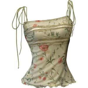 RoseSeek Women's Lace Trim Tie Shoulder Camisole Y2K Floral Square Neck Coquette Cami Tank Tops (M)