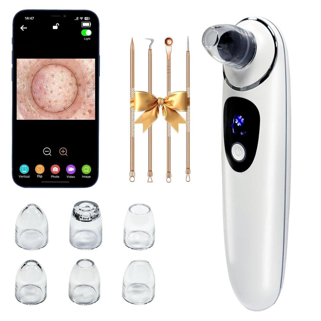 2026 Pore Vacuum with Camerafor, USB Rechargeable Blackhead Remover Vacuum,3 Levels Adjustable Pore Vacuum Blackhead Remover, 6 Suction Heads,Face Vacuum Pore Cleanser for Women & MenWhite