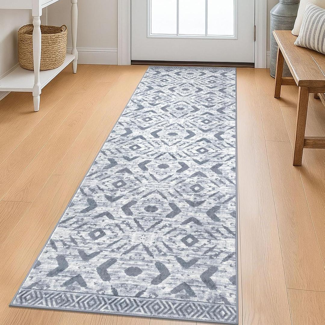 KILOCOCO Boho Kitchen Runner Rug 2x6 Washable Runner Rug, Soft Runners for Hallways Non Slip Printed Low-Pile Distressed Laundry Room Rugs for Entryway/Bedroom/Living Room, Grey White Blue