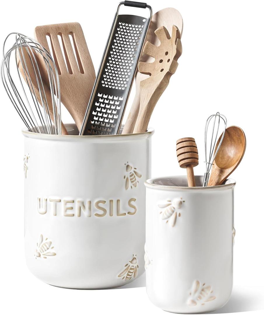 LE TAUCI Utensil Holder for Kitchen Counter - 6.9"+5.3" Ceramic Kitchen Utensil Holder Set of 2, Large Cooking Utensil Crock & Organizer for Spatula, Spoon - Embossed Kitchen Decor, White, Bee