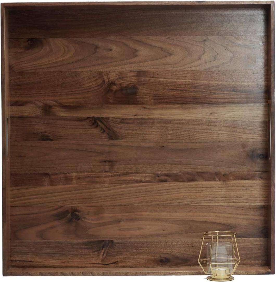 24 x 24 Inches Extra Large Square Black Walnut Wood Ottoman Tray with Handles, Serve Tea, Coffee or Breakfast in Bed, Classic Wooden Decorative Serving Tray
