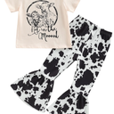 Western Baby Girl Clothes Bell Bottom Outfit Cow Print Short Sleeve T-Shirt Top Flare Pants Set Cowgirl Outfits, 3-4 y