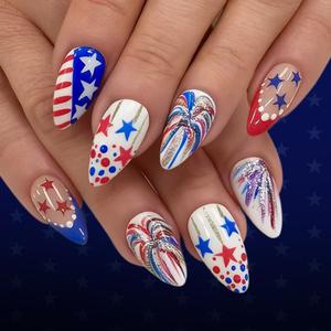 24Pcs Independence Day Press on Nails Medium Almond Fake Nails French Polka Dot Five Pointed Star Glitter False Nails Star Design Glossy Blue Red White Nails Summer 4th of July Nail for Women