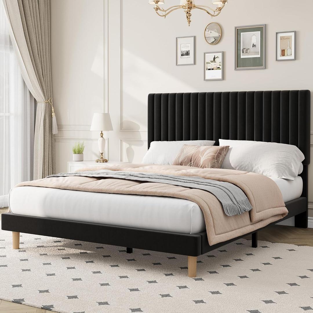 IDEALHOUSE Queen Size Bed Frame with Adjustable Headboard, Velvet Upholstered Platform Queen Bed Frame, Vertical Channel Tufted, Strong Wooden Slats, No Box Spring Needed, Easy Assembly, Black