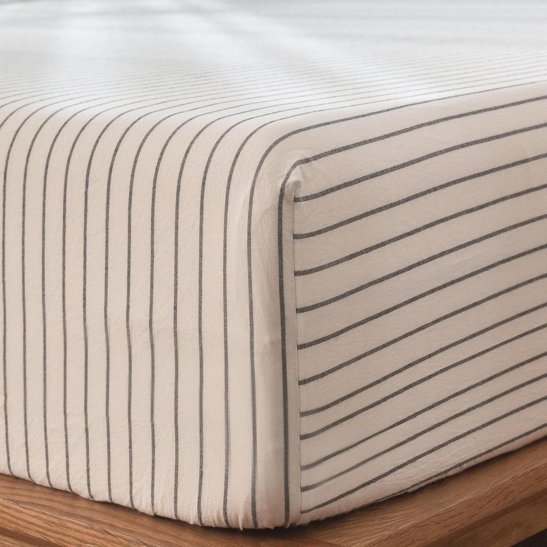 MooMee Fitted Bottom Sheet Only 100% Washed Cotton Linen Like Textured Breathable Durable Soft Comfy Deep Pocket Fits Mattress up to 17" (White Dark Grey Wide Stripes, Queen)
